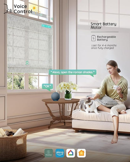 Yoolax Motorized Bamboo Roman Shades with Remote, Smart Roman Shades for Indoor Windows, Light Filtering Automatic Blinds Work with Alexa, Google, Apple Homekit, Customized (Bamboo Woven Flake White)