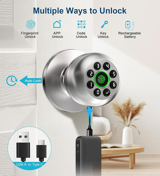 Door Knob with Lock,Keyless Entry Fingerprint Door Lock,Polished Silver | Smart Lock with Auto-Lock , App, Key, Fingerprint Door Locks with Keypad for Front Door, Apartment, Hotel, Interior, Exterior