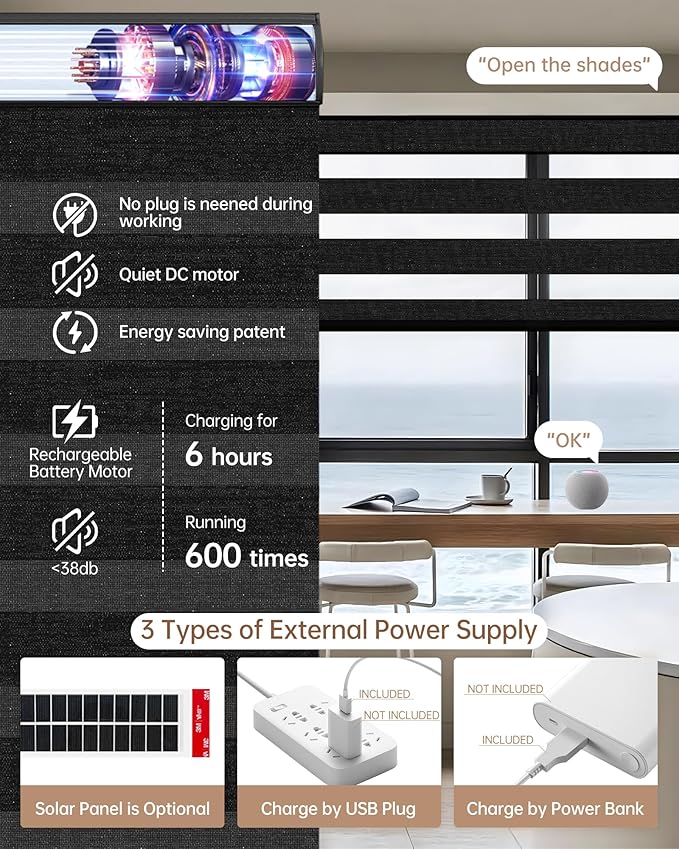 Kincmo Motorized Blinds with Remote, Motorized Zebra Shades Work with Apple Homekit,Alexa,Google Home, Customized Electric Blinds with Remote,App,Voice Control (70% Blackout Galaxy Black)