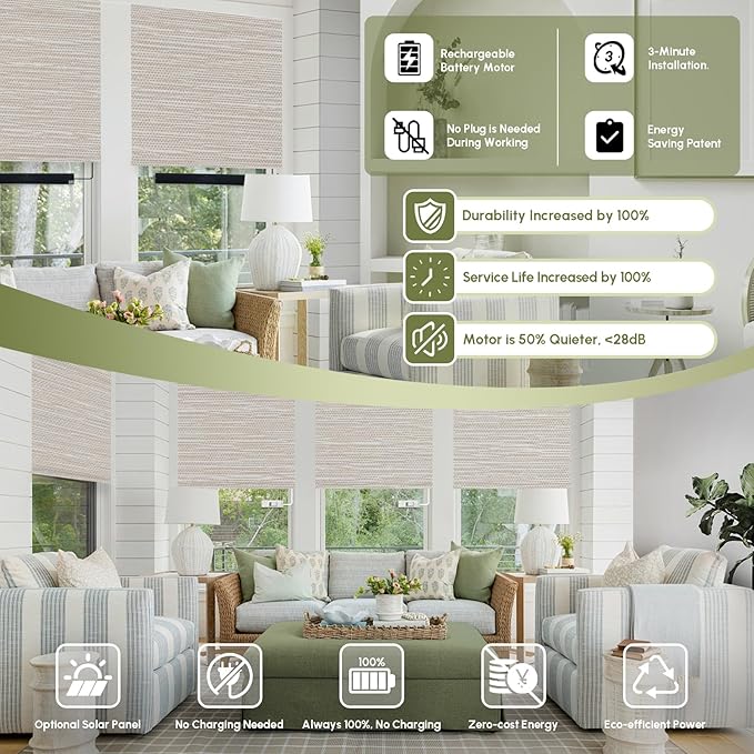 FineTell Motorized Blinds with Remote, 100% Blackout Roller Shades Compatible with Alexa,Apple Homekit,Google Home APP and Voice Control, Customized Electric Blinds (100% Blackout Dreamy Beige)