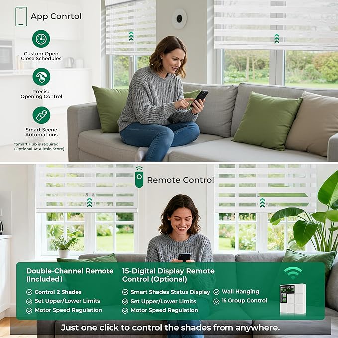 Allesin No Drill Motorized Zebra Shades with Remote Control, Light Filtering Smart Blinds for Apartments & Rentals – Compatible with Alexa, Automatic Day/Night Adjustment (Customize Color Size)