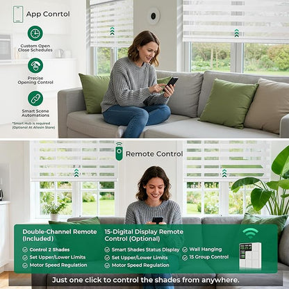 Allesin No Drill Motorized Zebra Shades with Remote Control, Light Filtering Smart Blinds for Apartments & Rentals – Compatible with Alexa, Automatic Day/Night Adjustment (Customize Color Size)