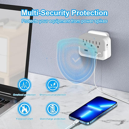 Portable Outlet Extender with Light Sensor lamp,Power Strip with 3 Outlet and 3 USB Ports(2 USB-C Ports && 1 USB-A Port Total 15.5W/3.1A).Multi Plug Wall Outlet for Home Travel Office-White