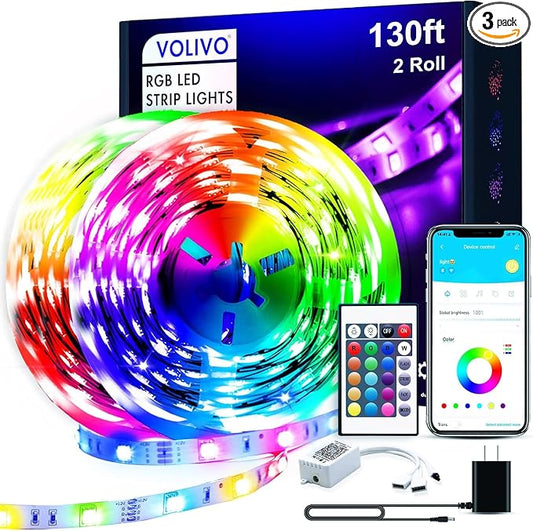 VOLIVO 130FT LED Strip Lights for Bedroom RGB Color Changing | Bluetooth App Control, IR Remote Control, Music Sync, Room Home Decor Lighting