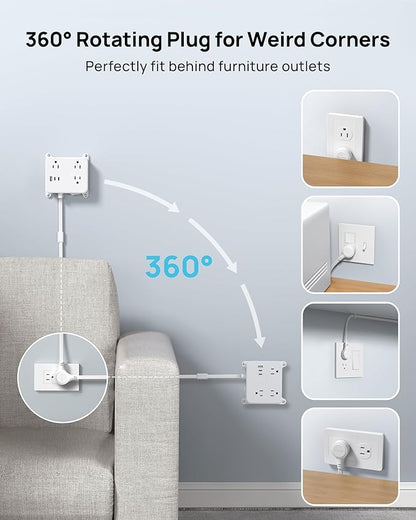 TROND 360° Rotating Plug Outlet Extender, 1.5FT Short Extension Cord, 3 AC Electrical Extendable Outlet with 2 USB C, Wall Plug Adapter Use Behind TV, Couches, Nightstands, Cabinet
