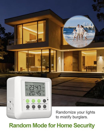 NOVKIT 3-in-1 Dual Outlet Timer Plug with Interval Cycle for Indoor, 7 Day 24 Hour Programmable Digital Repeat Timer Switch(15A, 1875W)