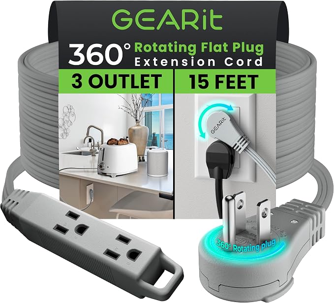 GEARit 15 ft 360° Rotating Flat Plug Extension Cord, 3 Outlet Low Profile Power Cord, 16 AWG 13A 3 Prong Grounded Indoor Cord, ETL Listed, Space-Saving for Furniture, Grey