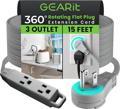 GEARit 15 ft 360° Rotating Flat Plug Extension Cord, 3 Outlet Low Profile Power Cord, 16 AWG 13A 3 Prong Grounded Indoor Cord, ETL Listed, Space-Saving for Furniture, Grey