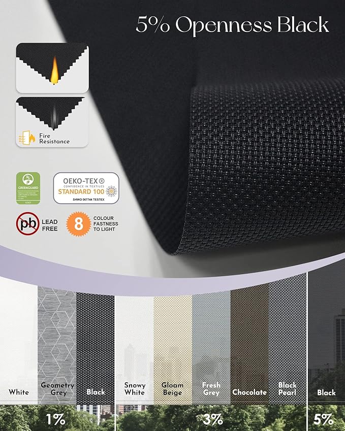 Graywind Motorized Outdoor Roller Shades for Patio Work with Alexa Google Smart Sun Shades Exterior Solar Powered Blinds Electric for Patio Outside, Custom Size (5% Openness Black)
