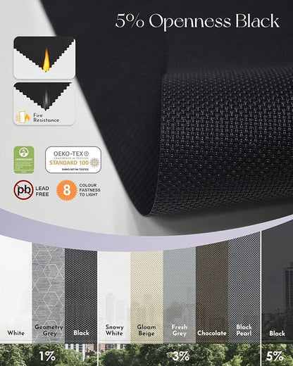 Graywind Motorized Outdoor Roller Shades for Patio Work with Alexa Google Smart Sun Shades Exterior Solar Powered Blinds Electric for Patio Outside, Custom Size (5% Openness Black)