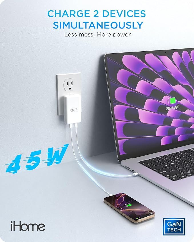 iHome GaN Universal Charger, USB C Block with Power Delivery, Folding Prongs, Travel Friendly, Compact for Phone, Tablet, and USB-C Devices (White, 45W)