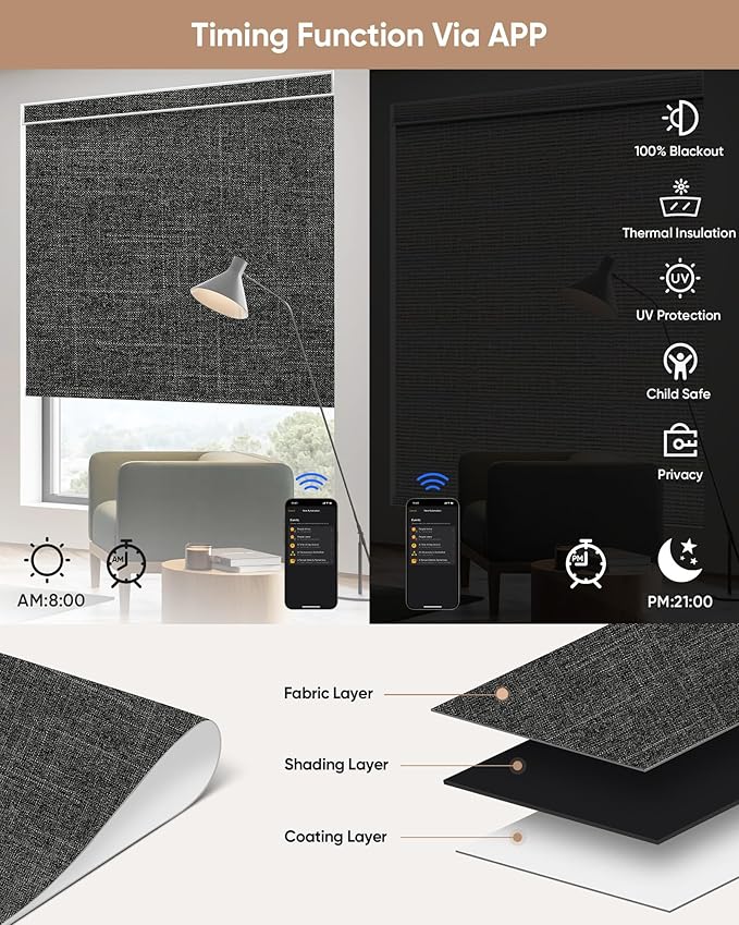 Motorized Blinds with Remote: Kincmo 100% Blackout Roller Shades Work with Apple Homekit,Alexa,Google Home, Customized Electric Blinds with App,Voice Control (100% Blackout Meridian Midnight)