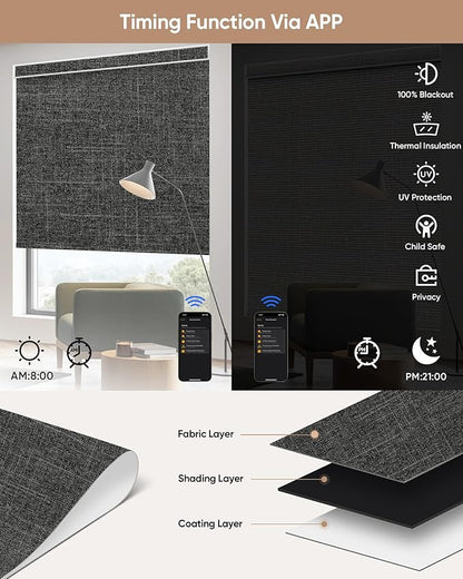 Motorized Blinds with Remote: Kincmo 100% Blackout Roller Shades Work with Apple Homekit,Alexa,Google Home, Customized Electric Blinds with App,Voice Control (100% Blackout Meridian Midnight)