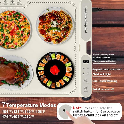 Electric Warming Tray&Food Warming MatFast Full Surface Electric Warming Tray with 7 Temp-Settings & 8H Timer, Portable Roll Up Food Warmer for Gatherings (Beige, 24''X15'')