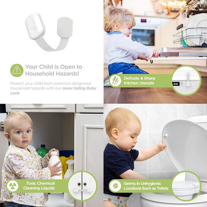 SKYLA HOMES Child Safety Cabinet Locks, White, 12 Pack | ABS and TPE adhesive latches for cabinets, drawers, ovens and toilet seats; no screws or magnets needed