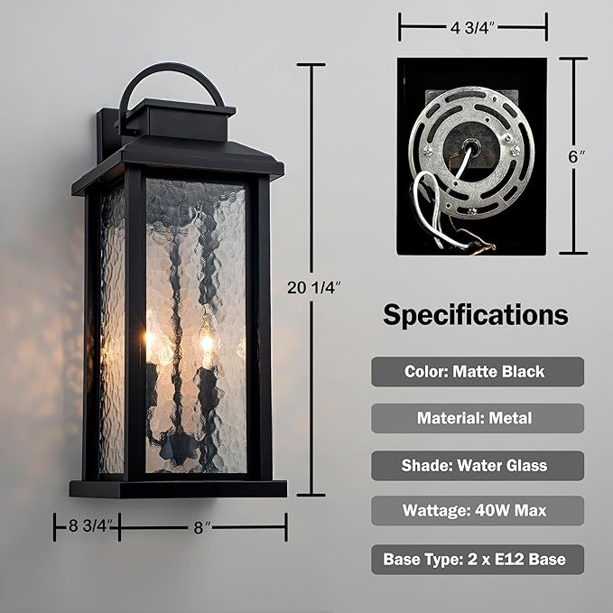 20 Inch Large Outdoor Light Fixture, 2-Light Porch Lights Outdoor Wall Lights with Water Glass, Matte Black Waterproof Exterior Lighting Fixtures Outside Lights for House