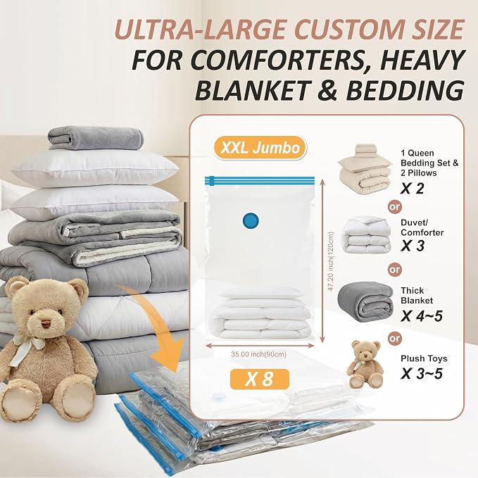 8 XXL Jumbo Vacuum Storage Bags for Bedding, Space Saver with Hand Pump | 47.2" x 35" Extra Large Vacuum Seal Bags for Bedding, Comforters, Blankets & Pillows; 80% Space-Saving Storage for Home