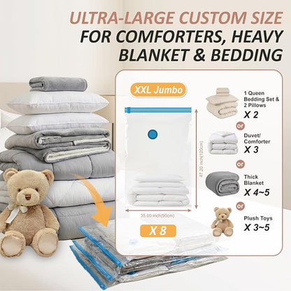 8 XXL Jumbo Vacuum Storage Bags for Bedding, Space Saver with Hand Pump | 47.2" x 35" Extra Large Vacuum Seal Bags for Bedding, Comforters, Blankets & Pillows; 80% Space-Saving Storage for Home
