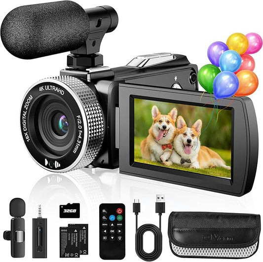 4K UHD Video Camera Camcorder, 48MP YouTube Vlogging Camera with Wireless Lavalier Microphone, 18X Digital Zoom, 3" 270° Rotatable IPS Screen, with Remote, 32GB Card & 2 Batteries