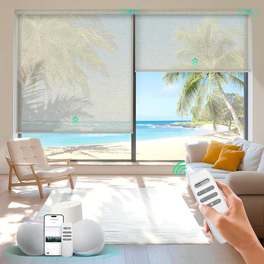 HeyBlinds Motorized Blinds with Remote, Smart Roller Shades with App & Voice Control, Work with Alexa Google HomeKit, Light Filtering Custom Shades for Living Room Office (Sunbeam-Light Camel LF)