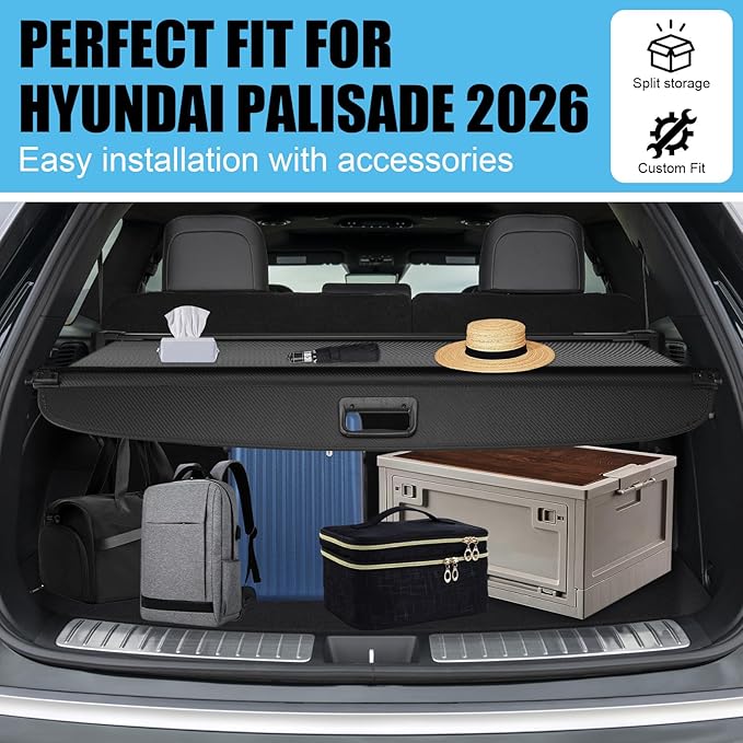 Retractable Cargo Cover Compatible with Hyundai Palisade 2026 Rear Cargo Security Trunk Cover, Storage Privacy Screen Car Trunk Luggage Cargo Shade Shield for 2026 Hyundai Palisade, Carbon Fiber