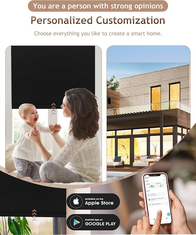 Motorized Blinds with Remote: Kincmo 100% Blackout Roller Shades Work with Apple Homekit,Alexa,Google Home, Customized Electric Blinds with App,Voice Control (100% Blackout Pure Black)