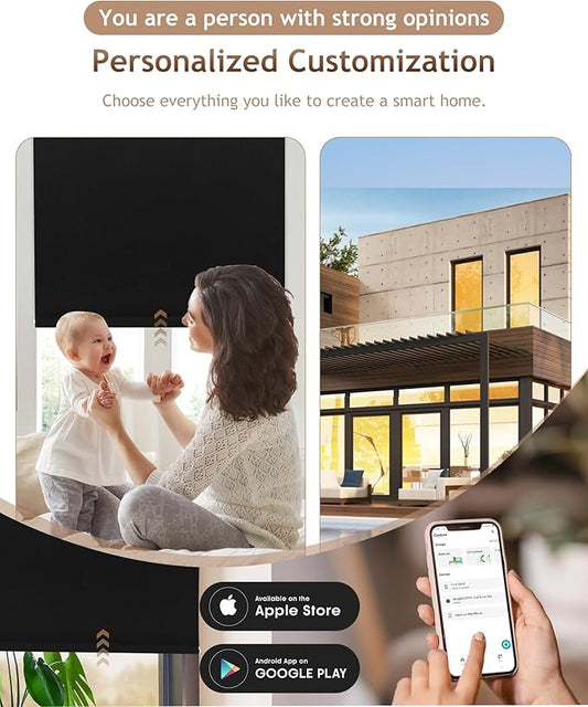 Motorized Blinds with Remote: Kincmo 100% Blackout Roller Shades Work with Apple Homekit,Alexa,Google Home, Customized Electric Blinds with App,Voice Control (100% Blackout Pure Black)