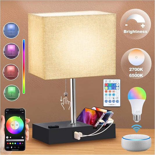 RGB Smart Table Lamp with Remote Control - Alexa Lamp for Bedroom with Voice & APP Control & Music Sync, Dimmable Nightstand Lamp with Charging Station for Living Room, Alexa Bulb Included