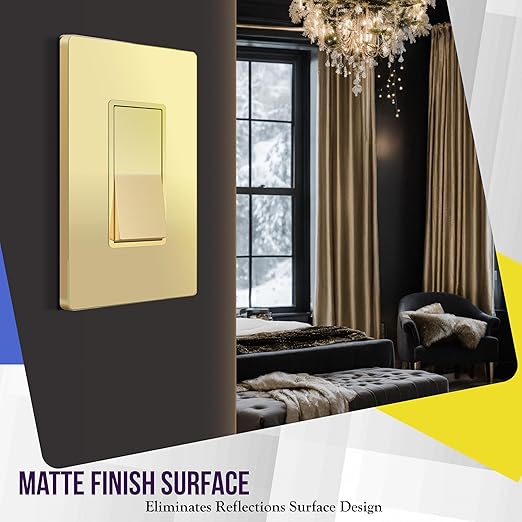 ENERLITES Elite Series Decorator Switch with Screwless Wall Plate, Paddle Light Switch, Single Pole, 3 Wire, Grounding Screw, Residential Grade, 15A 120V, UL Listed, 91150-GDWP5P, Gold Color (5 Pack)