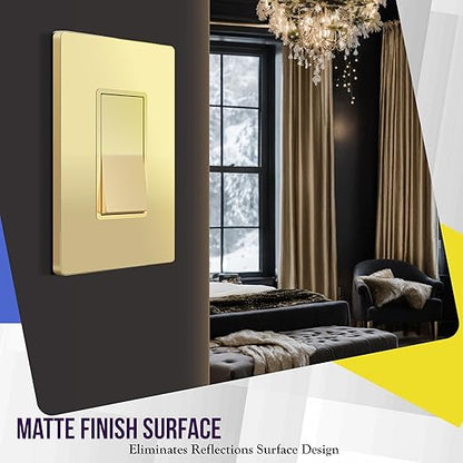 ENERLITES Elite Series Decorator Switch with Screwless Wall Plate, Paddle Light Switch, Single Pole, 3 Wire, Grounding Screw, Residential Grade, 15A 120V, UL Listed, 91150-GDWP5P, Gold Color (5 Pack)