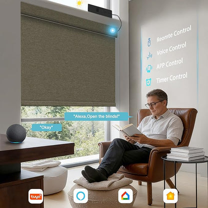 BERISSA Smart Motorized Blinds with Remote,No Drill Automatic Roller Blinds for Indoor Windows,Blackout Linen Fabric,Electric Shades for Windows Home Office,Brown,Custom Size