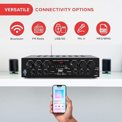 Pyle Bluetooth Wireless Home Amplifier System - Upgraded 6 Channel Audio, 750 Watt Power, Easy Karaoke, Stereo Receiver w USB-A, Micro SD, Headphone, 2 Microphone Input w/Echo, Talkover for PA