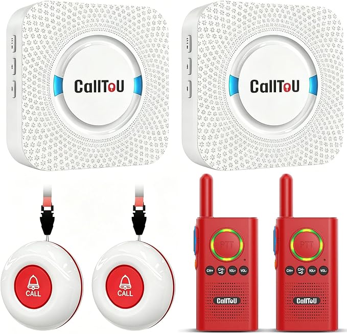 CallToU Caregiver Pager Wireless Alert Button Home Wireless Intercom System | Easy Use, Red Walkie Talkies for Seniors Long Range Room Intercoms 2 Way Radio for Elderly/Patient/Adults/Home/Office