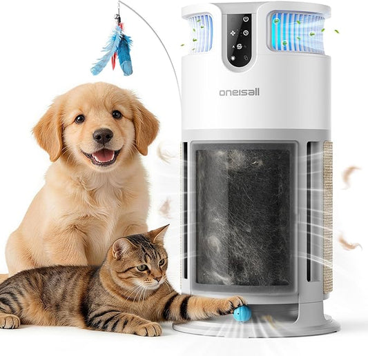 oneisall Pet Air Purifier for Home: Large Room 3000 Ft², H13 HEPA Washable Filter, 360° Airflow Visible Air Cleaner for Pet Hair, Odor Allergies Smoke Dust, PM2.5 Monitor,Auto Mode,Cat Toys,PP04