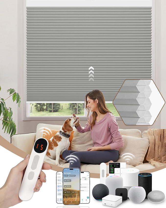 Kincmo Motorized Cellular Shades, Custom Motorized Blinds with Remote, Cordless Smart Electric Honeycomb Blinds Work with Apple HomeKit, Alexa, Google (100%-Blackout-Double-Cell Grey)