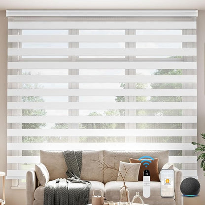 Interior Window Shades, Smart Dual Layer Light Filtering Blinds Compatible with Alexa & Google Home, Customized Size Cordless Electric Window Shades, (White, 55% Blackout)