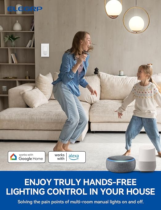 ELEGRP Smart Motion Sensor Switch, 2.4GHz Wi-Fi 3 Way Light Switch Compatible with Alexa & Google Assistant, APP Remote Control, Neutral Wire Required, UL Certified, No Hub Required (White, 2 Pack)