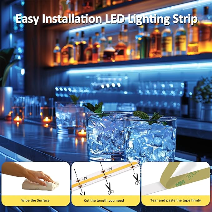 ICE Blue LED Strip Lights 320 LEDs High Brightness Indoor Use Short LED Strip Light Narrow USB Thin Flexible 5V COB Rope Light for DIY Display Cabinet Back Light TV Lights (3.28FT/1M)