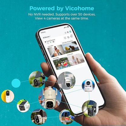 Vicohome 3CG6 Best 2K Solar Security Camera Wireless Outdoor System, No NVR Needed, Battery Powered, Easy to Setup, Motion Detection, Two Way Audio,Color Night Vision,SD Slot, 180 Days Exchange Policy