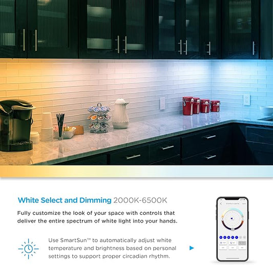 Enbrighten Vibe Plug-in Smart Under Cabinet Lights, 18in, Adjustable White from 2000K-6000K, Dimmable, Programmable Schedule Under Cabinet Lighting, Compatible with Alexa, Google Assistant, 58260-T1