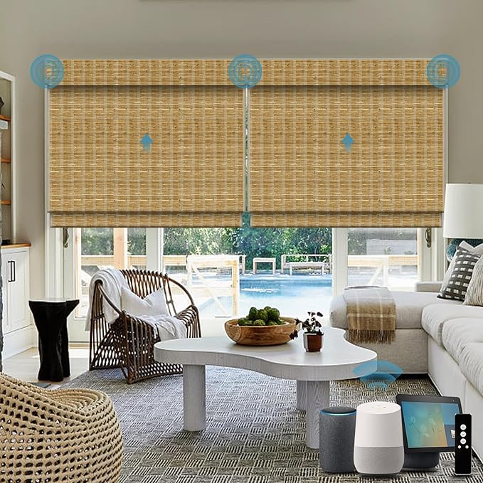 Motorized Roman Shades with Remote,Wooden Blinds Compatible with Alexa/Google/Apple Homekit,Natural Woven Wood Blinds,Electric Blinds Customized Size,Crocheting Mixture