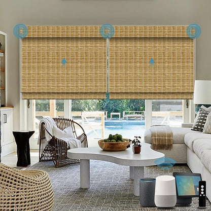 Motorized Roman Shades with Remote,Wooden Blinds Compatible with Alexa/Google/Apple Homekit,Natural Woven Wood Blinds,Electric Blinds Customized Size,Crocheting Mixture