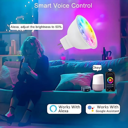 Smart MR16 LED Bulb Dimmable Color Changing, 12V Gu5.3 Bi-pin Base, WiFi & Bluetooth LED Bulbs Work with Alexa Google, Color Changing Sync with Music, for Living Room, Bedroom, Office,Hotel etc. 2Pack