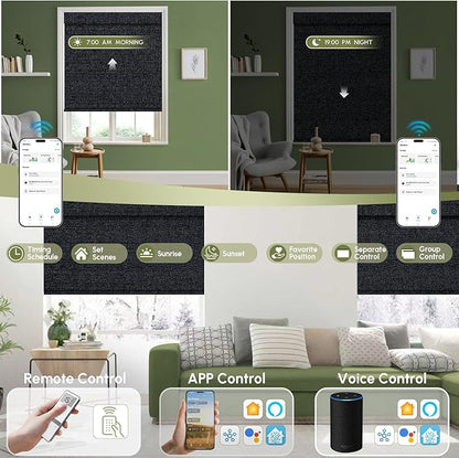 FineTell Motorized Blinds with Remote, 100% Blackout Roller Shades Compatible with Alexa,Apple Homekit,Google Home APP and Voice Control, Customized Electric Blinds (100% Blackout Eclipse Onyx Black)
