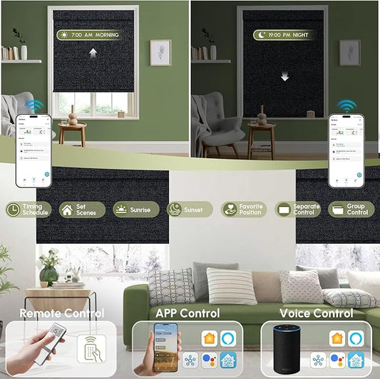 FineTell Motorized Blinds with Remote, 100% Blackout Roller Shades Compatible with Alexa,Apple Homekit,Google Home APP and Voice Control, Customized Electric Blinds (100% Blackout Eclipse Onyx Black)