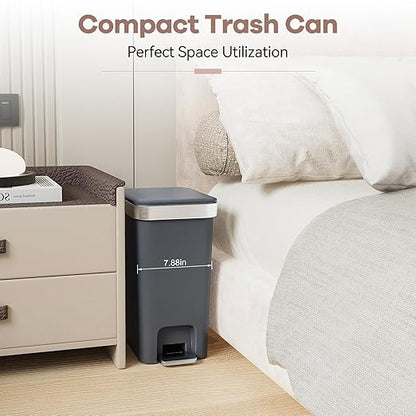 2Pack Small Bathroom Trash Can with Lid Soft Close, 10 Liter/2.6 Gallon Slim Garbage Can-Metal Step and Press top Lid, Mini Modern Waste Basket for Toilet, Office, Bedroom,Dorm,Dark Gray