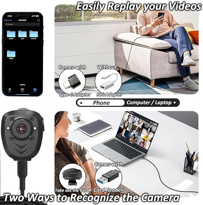 Mini Body Camera Video Recorder Built-in 128GB Memory Card with Night Vision IR & Loop Record HD 1080P, 4-6 HR Battery Life Wearable Police Cam for Home, Outdoor, Law Enforcement, Security Guard