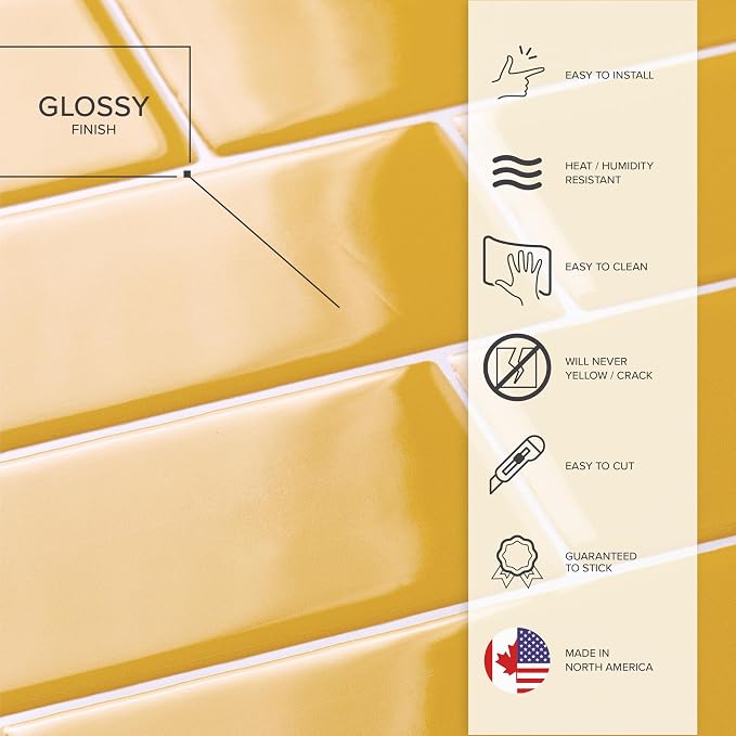 Smart Tiles Peel and Stick backsplash, Subway Yellow, 11.55"x8.38" | Pack of 5 (2.8 sq ft), Glossy, Heat/Moisture Resistant, Low VOC, Kitchen/Bathroom, Renter Friendly, Made in Canada