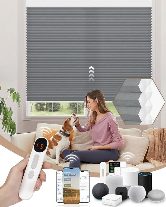 Kincmo Motorized Cellular Shades, Custom Motorized Blinds with Remote, Cordless Smart Electric Honeycomb Blinds Work with Apple HomeKit, Alexa, Google (85%-Blackout-Double-Cell Dark Grey)