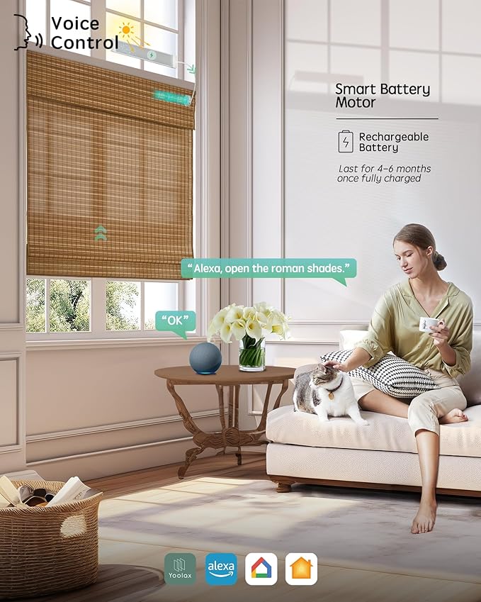 Yoolax Motorized Bamboo Roman Shades with Remote, Smart Roman Shades for Indoor Windows, Automatic Blinds Compatible with Alexa Google Home, Custom Size, Bamboo Wide Light Brown
